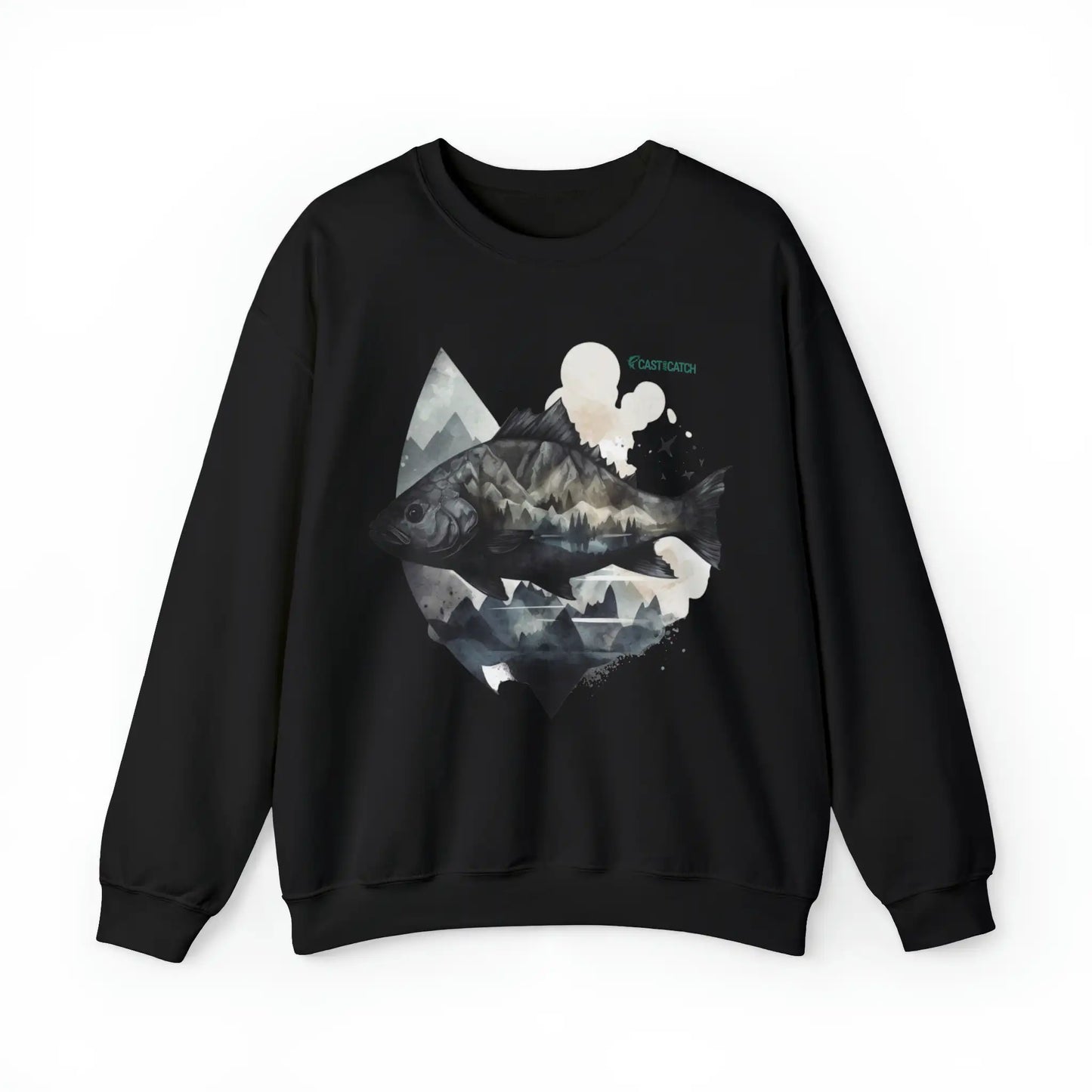 Fishing sweatshirt color black. Print design on the front side, of a big fish, with reflection and background of misty grey mountains. Brand logo in Plankton Green above the design, on the left side.