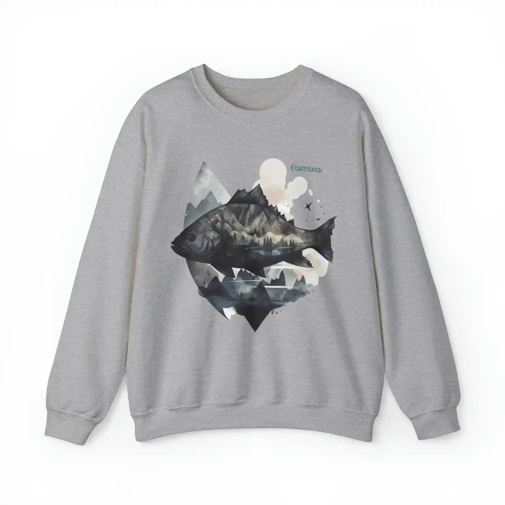 Fishing sweatshirt color grey. Print design on the front side, of a big fish, with reflection and background of misty grey mountains. Brand logo in Plankton Green above the design, on the left side.