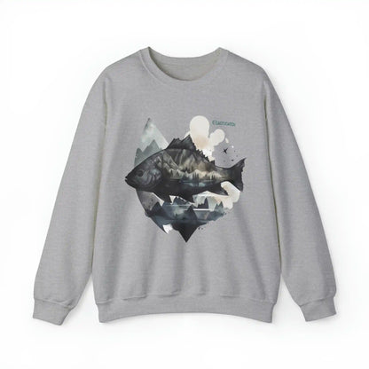 Fishing sweatshirt color grey. Print design on the front side, of a big fish, with reflection and background of misty grey mountains. Brand logo in Plankton Green above the design, on the left side.