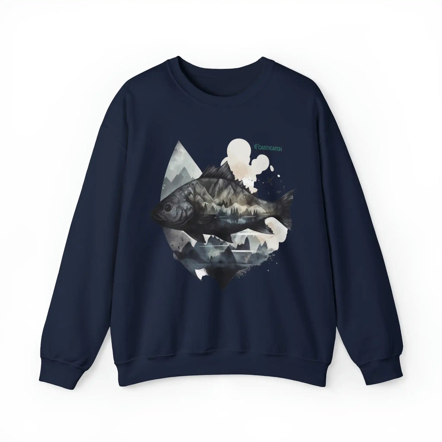 Fishing sweatshirt color Navy blue. Print design on the front side, of a big fish, with reflection and background of misty grey mountains. Brand logo in Plankton Green above the design, on the left side.