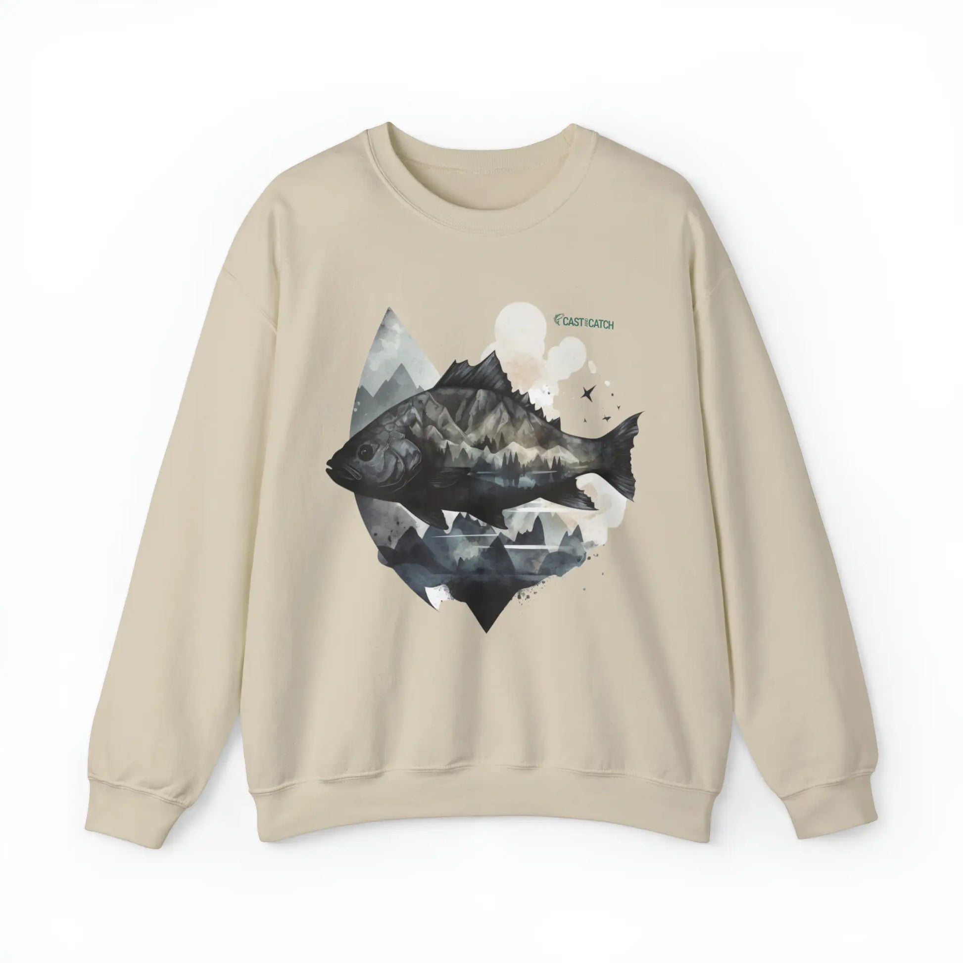 Fishing sweatshirt color Sand. Print design on the front side, of a big fish, with reflection and background of misty grey mountains. Brand logo in Plankton Green above the design, on the left side.