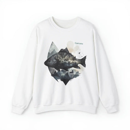 Fishing sweatshirt color white. Print design on the front side, of a big fish, with reflection and background of misty grey mountains. Brand logo in Plankton Green above the design, on the left side.