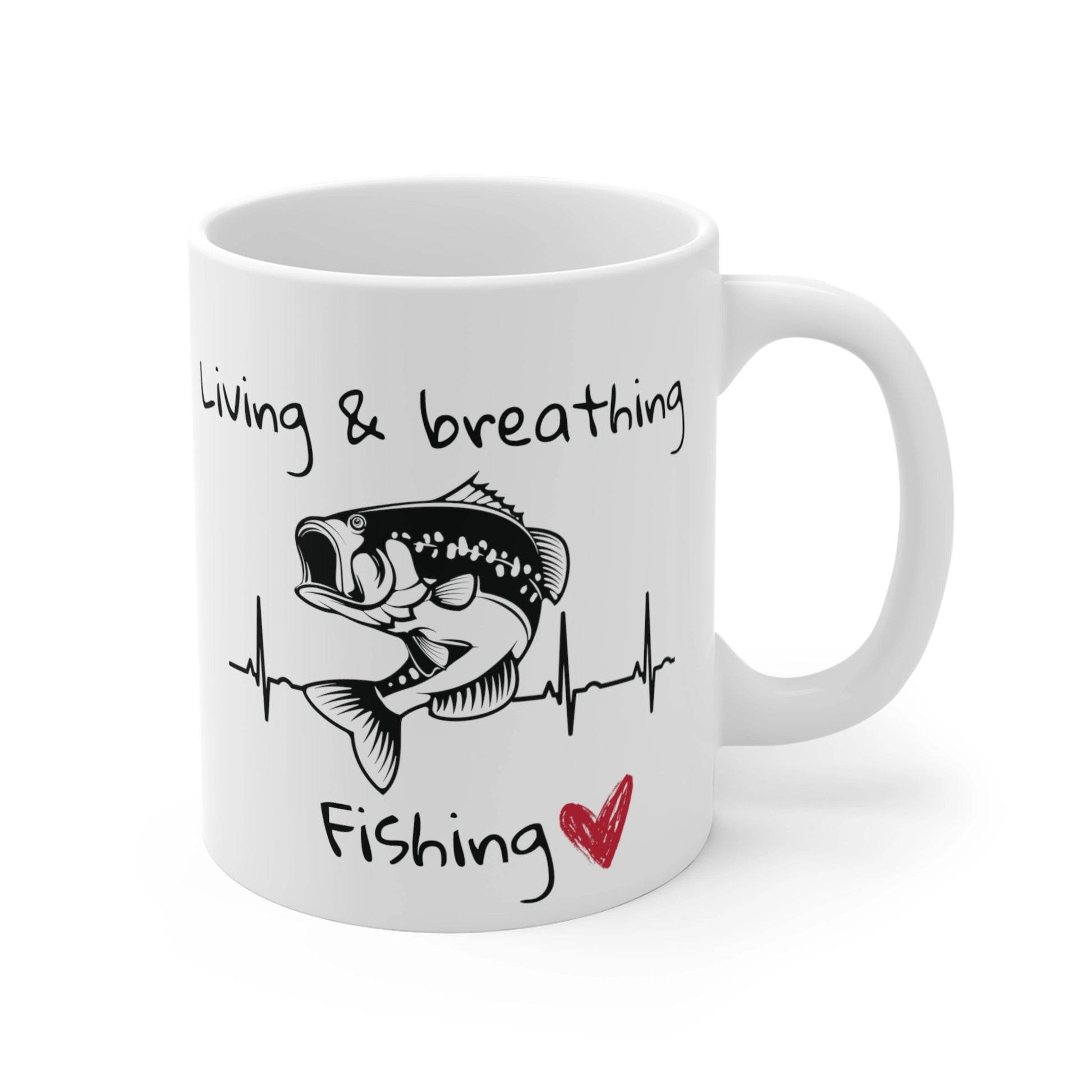 Fishing ceramic mug, right side. Design of fish incorporated in a heart beat, saying 'Living a breathing fishing'.