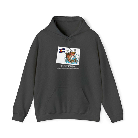 Fishing hooded sweatshirt color Charcoal, designed with the text 'It's actually a hexahectaenneacontakaiheptagon, with the States silhouette in white and fish cartoon on it. Brand logo in Plankton Green above the design, on the left side.