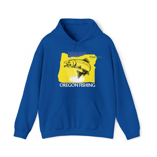 Fishing hooded sweatshirt color Royal Blue, designed with the text 'Oregon fishing', with the States silhouette in yellow and trout fish image on it. Brand logo in Plankton Green above the design, on the left side.