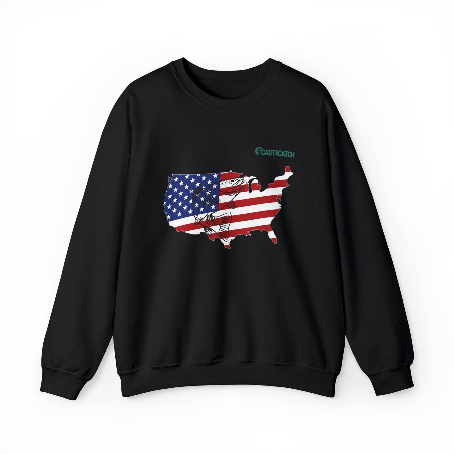 Fishing hooded sweatshirt color black designed with the State's Silhouette in US flag colors, with a black Salmon fish print on it. Brand logo in Plankton Green above the design, on the left side.