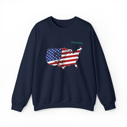 Fishing hooded sweatshirt color Navy designed with the State's Silhouette in US flag colors, with a black Salmon fish print on it. Brand logo in Plankton Green above the design, on the left side.