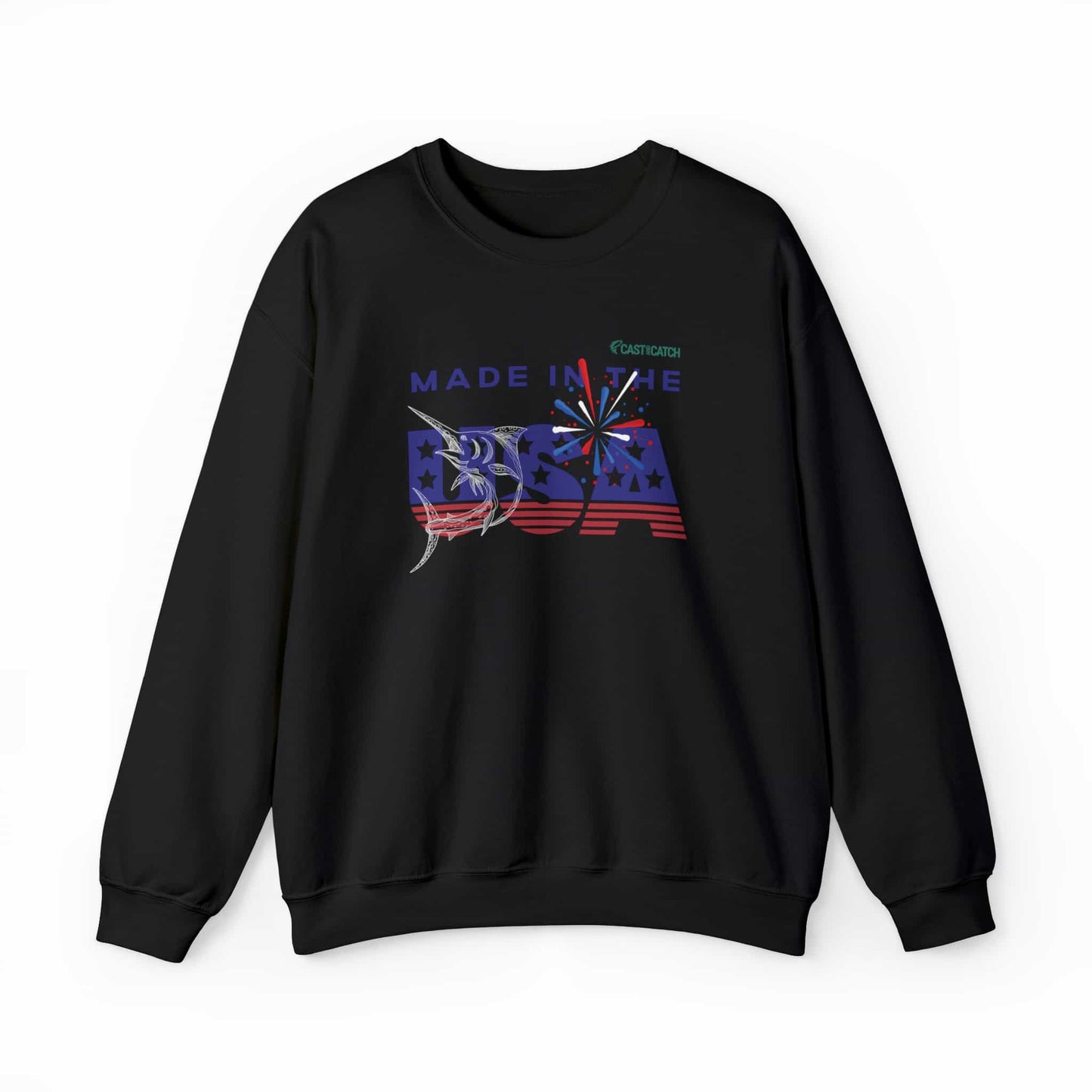 Fishing sweatshirt color black, designed with the text 'made in the USA' in US flag colors, with a Marlin fish white print on it. Brand logo in Plankton Green above the design, on the left side.