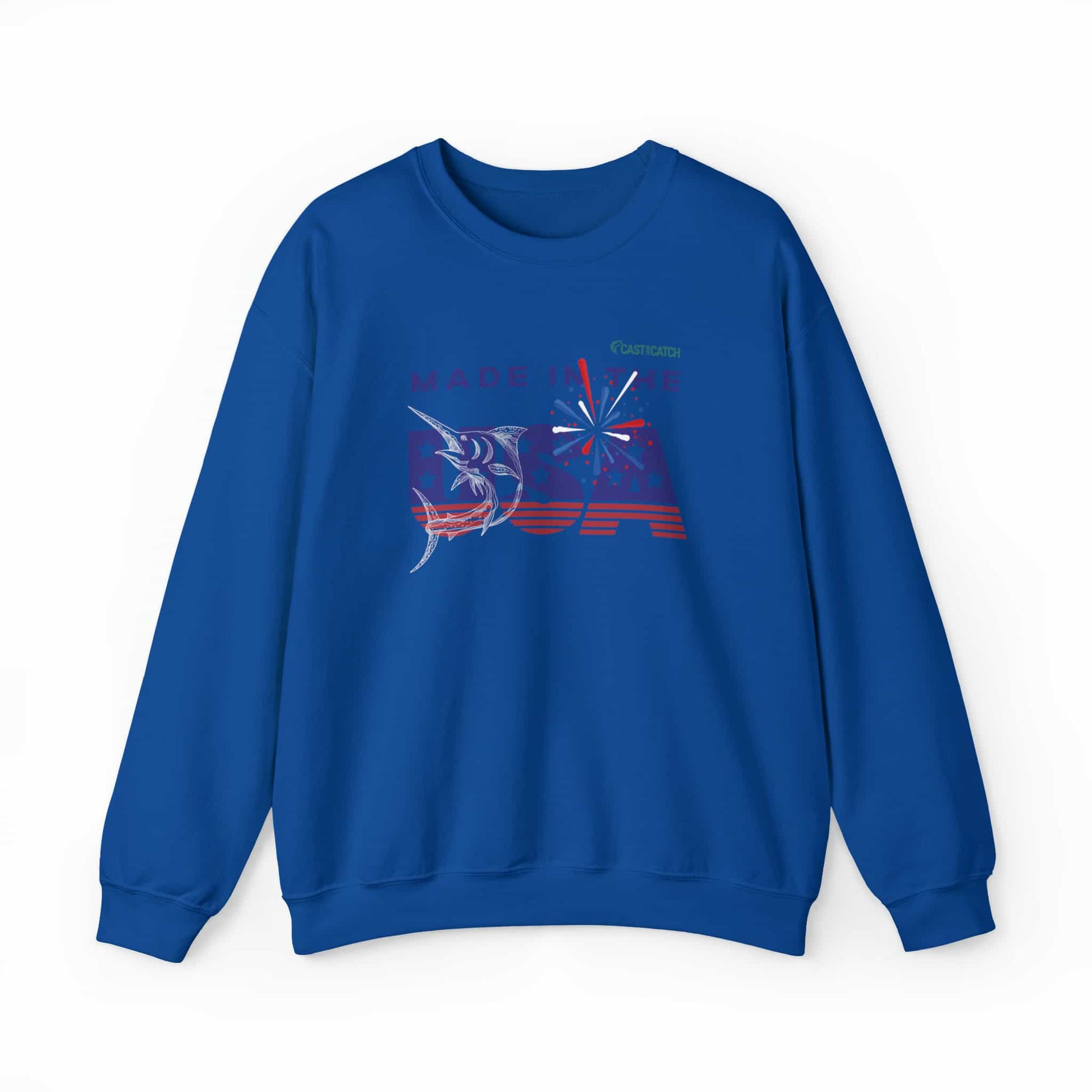 Fishing sweatshirt color Navy, designed with the text 'made in the USA' in US flag colors, with a Marlin fish white print on it. Brand logo in Plankton Green above the design, on the left side.