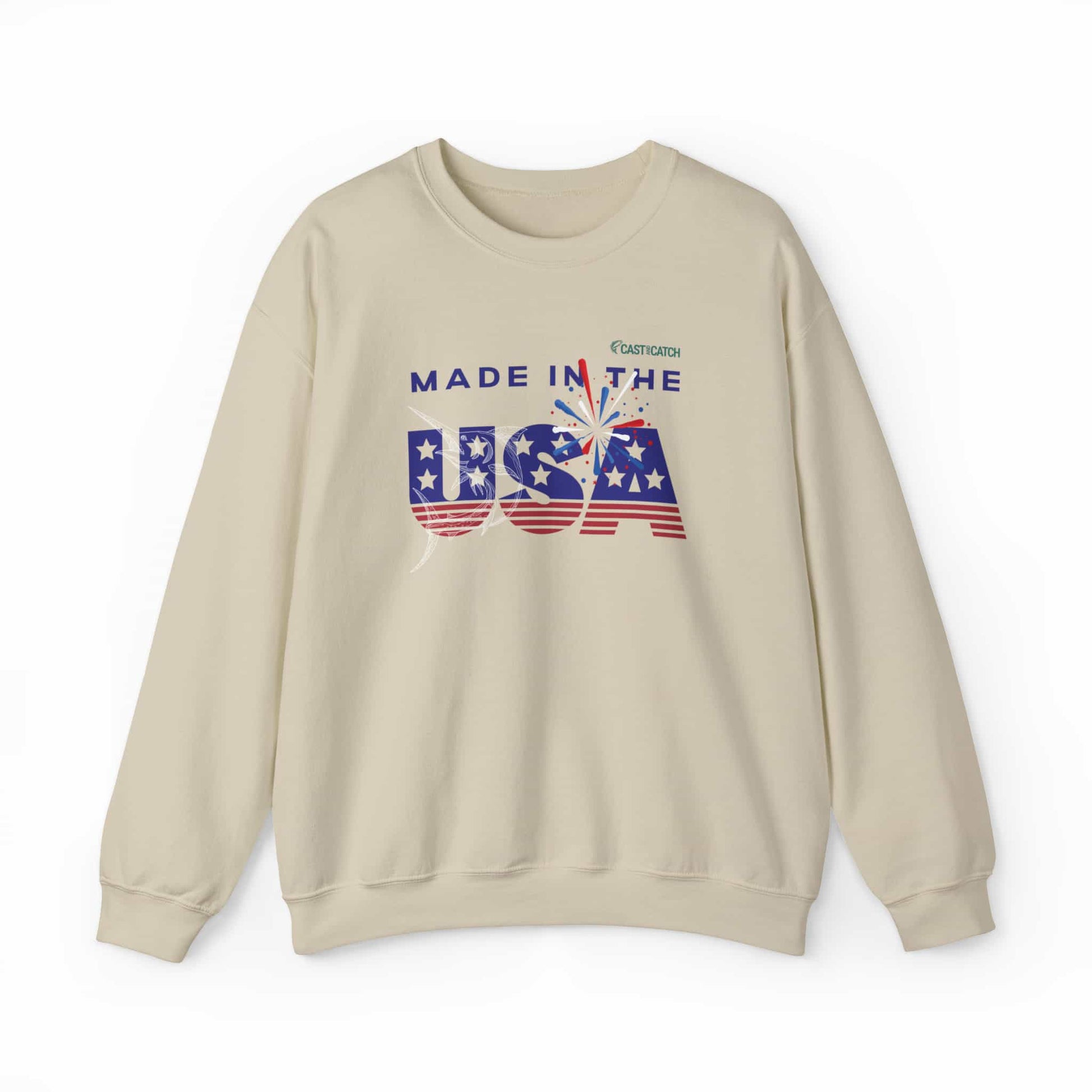 Fishing sweatshirt color Sand, designed with the text 'made in the USA' in US flag colors, with a Marlin fish white print on it. Brand logo in Plankton Green above the design, on the left side.