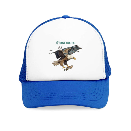 Blue mesh fishing hat, front view. Front of the hat is white and has a print design of a Bold Eagle in vivid colors, holding a fish in one claw. Brand logo in Plankton Green printed above the eagle design.